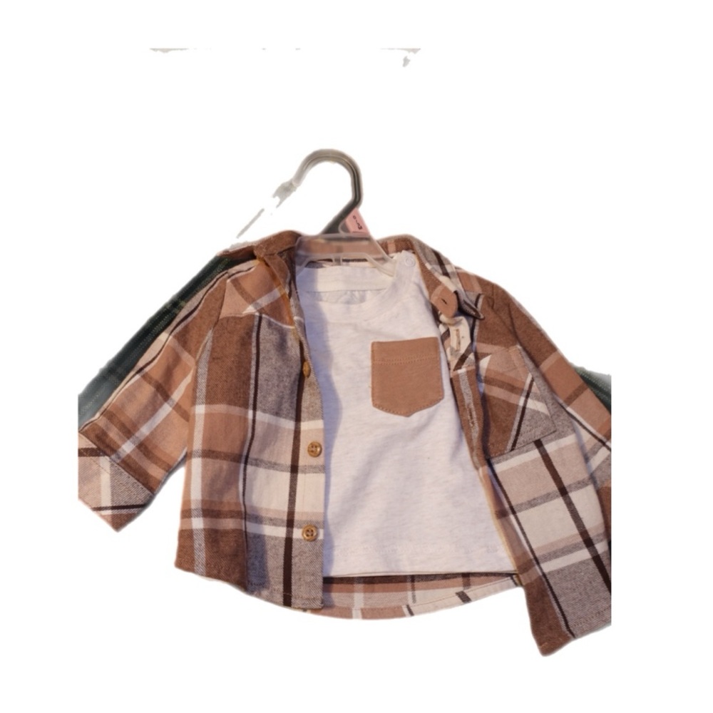 Brown Boys plaid flannel and Tshirt